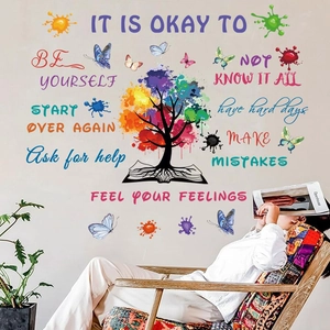 Detail of colorful tree wall decal with inspirational quotes in a cozy room setting