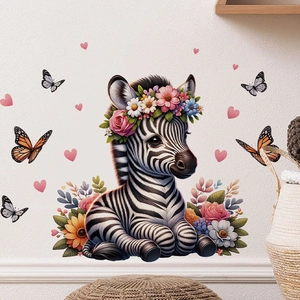 Détail de l'ensemble stickers muraux zèbre avec papillons et fleurs pour chambre d'enfant
