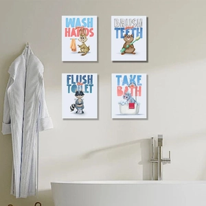 Set of four cartoon animal bathroom wall art prints for kids with hygiene habits