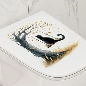 Selbstklebender Toilettendeckel-Aufkleber mit schwarzer Katze auf einer Schaukel