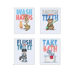 Set of 4 cute cartoon animal bathroom wall art prints with hygiene slogans for kids