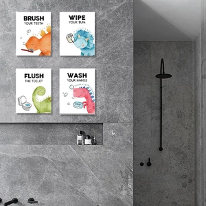 Set of four cartoon dinosaur bathroom wall stickers with hygiene reminders on grey marble walls