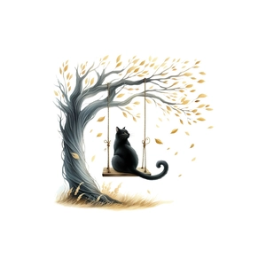 Halloween Wandtattoo Schwarze Katze auf Schaukel mit Goldblättern für Badezimmer