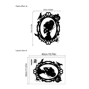 Halloween wall sticker featuring gothic skull silhouette with crow and pumpkin dimensions
