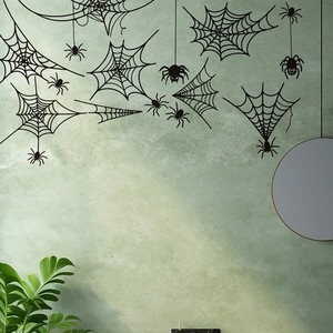 Halloween spider web wall stickers with black spiders for spooky home party decor