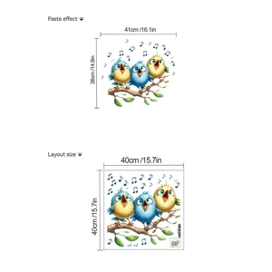 Detailed view of colorful cartoon birds wall sticker showing layout and finished size dimensions