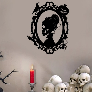 Detail of gothic Halloween wall decal featuring Victorian skull silhouette and crow design