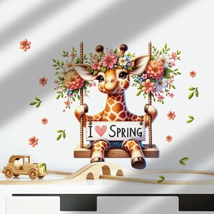 Stickers Muraux Animaux Dessin Animé Floraux PVC Amovible Autocollants Muraux pour Chambre d'Enfant Salon Décoration