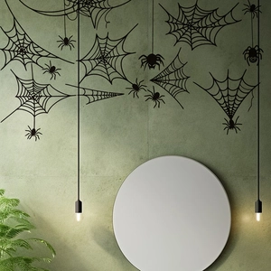 Halloween spider web wall stickers with black spiders on green wall for home decoration