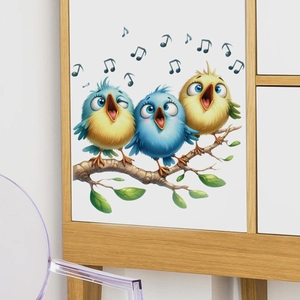 Detail of colorful cartoon birds on a leafy branch wall sticker for home decor