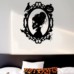 Detail of black Halloween wall decal featuring female skull silhouette and spooky elements
