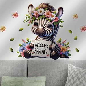 Sticker mural zèbre de dessin animé avec fleurs et panneau Welcome Spring