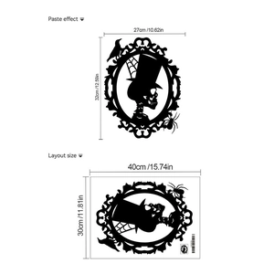 Halloween wall sticker layout featuring a skeleton skull silhouette and spider design dimensions