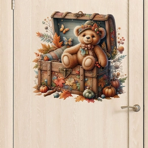 Detail of cute teddy bear in a wooden chest with autumn maple leaves and pumpkins wall sticker