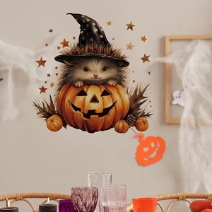 Halloween wall sticker featuring a cute hedgehog in a pumpkin with stars and autumn leaves