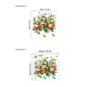 Detailed dimensions of cartoon owl wall stickers showing layout and 38x39cm display size