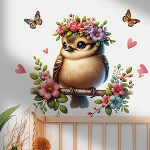 Sticker mural oiseau de dessin animé avec fleurs et papillons pour chambre d'enfant