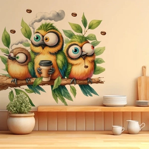 Detailed view of colorful cartoon birds wall sticker with coffee beans in a cozy kitchen