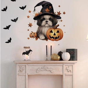 Halloween wall sticker featuring a Shih Tzu in witch hat with pumpkins for home decor