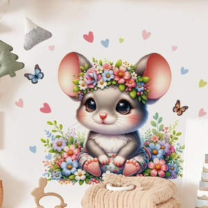 Sticker mural souris avec couronne de fleurs pour décoration de chambre d'enfant