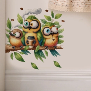 Detailed wall sticker showing three cute cartoon birds sitting on a branch with coffee