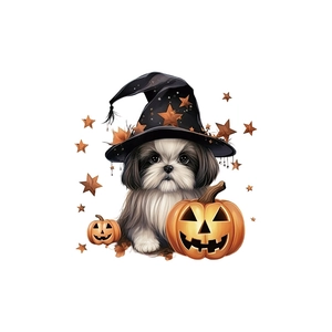 Halloween Shih Tzu wall sticker with wizard hat and festive pumpkins decoration