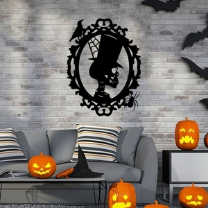 Gothic skull silhouette wall sticker in a baroque frame with spiders and bats for Halloween