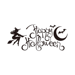 Halloween silhouette wall decal featuring a witch, bats, and moon with Happy Halloween text