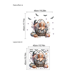 Halloween wall decals showing poodle in basket with witch hat and pumpkin design detail