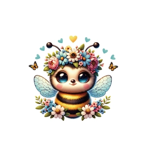 Sticker mural abeille mignonne avec couronne de fleurs et papillons pour chambre