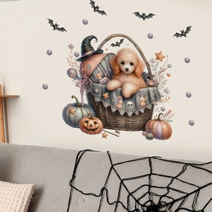 Halloween wall sticker featuring a poodle in a basket with pumpkins and wizard hat