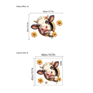 Detail showing cow and daisy wall decal layout dimensions and 45x35cm finish size