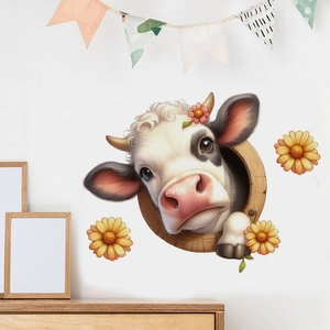 Close-up of 3D cartoon cow wall decal popping out from a wooden hole on white wall