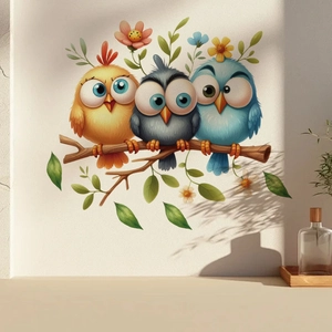 Detailed close-up of colorful cartoon birds on flower branches PVC wall decals