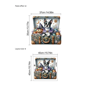 Detailed layout showing Halloween Boston Terrier sticker size and paste effect on white background
