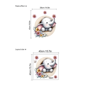 Detail showing cartoon elephant wall sticker layout and paste dimensions with daisy patterns