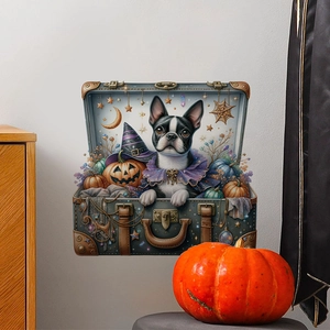 Detail of Halloween wall sticker with French Bulldog in a vintage suitcase and pumpkins
