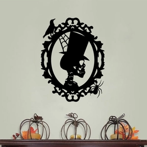 Halloween wall sticker featuring a skull silhouette in ornate frame with crows and spiders