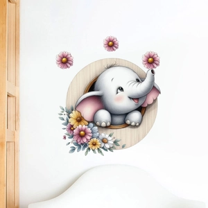 Close-up of cute cartoon elephant peeking from a tree hole with colorful floral stickers