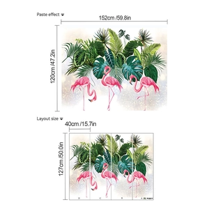 Tropical pink flamingo wall stickers with green palm leaves for home wall decor