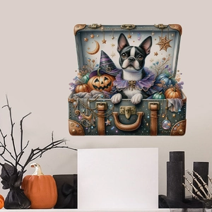 Detail of Halloween wall sticker featuring a Boston Terrier in a suitcase with pumpkins