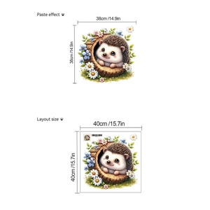 Detailed size chart showing cute hedgehog wall sticker paste effect and layout dimensions