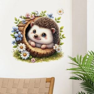 Close-up of a cartoon hedgehog wall sticker in a tree hole with daisy floral details