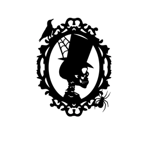 Gothic Halloween wall sticker with skeleton silhouette and raven in vintage oval frame