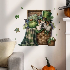 Detail of St. Patrick's Day wall sticker with bulldog in a basket and lucky clovers