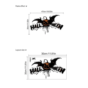 Halloween pumpkin with wings wall sticker layout and paste effect dimensions guide