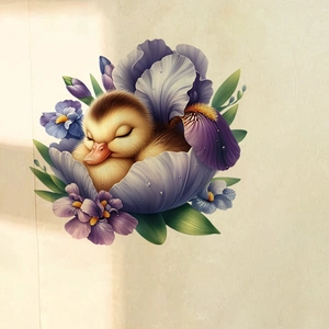 Dettaglio dell'adesivo murale con anatroccolo che dorme tra fiori di iris viola