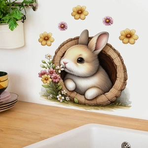 Cute cartoon rabbit peeking from a tree hole wall sticker on a kitchen tile backsplash