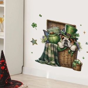 Detail of St. Patrick's Day wall decal featuring an English bulldog in a green hat