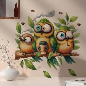 Colorful cartoon birds on branch wall stickers for kids room and living room decor